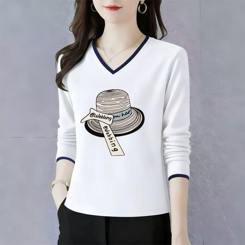 纯棉长袖t恤女士V领打底衫初秋2025新款高端洋气正肩宽松休闲上衣