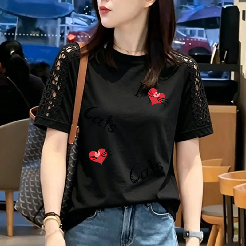 纯棉时尚镂空花边拼接短袖T恤女夏季新款宽松洋气圆领半袖女上衣