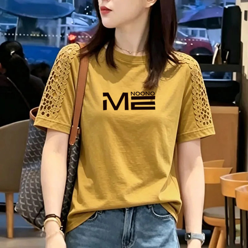 纯棉时尚镂空花边拼接短袖T恤女夏季新款宽松洋气圆领半袖女上衣