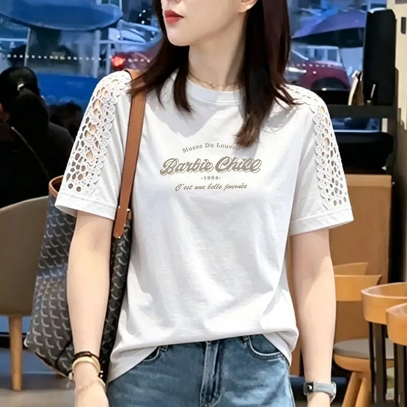 纯棉时尚镂空花边拼接短袖T恤女夏季新款宽松洋气圆领半袖女上衣
