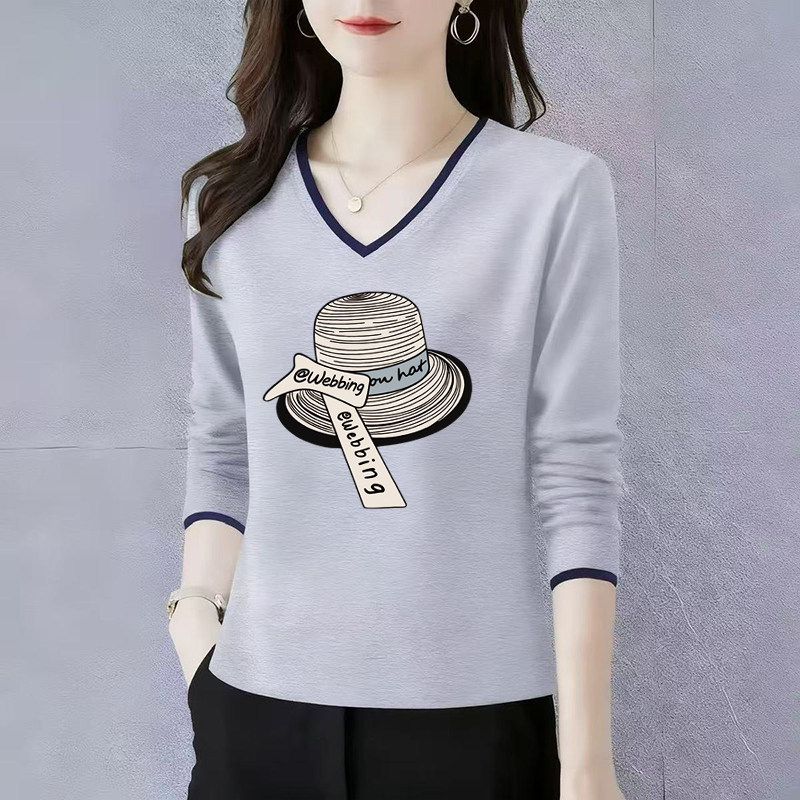纯棉长袖t恤女士V领打底衫初秋2025新款高端洋气正肩宽松休闲上衣