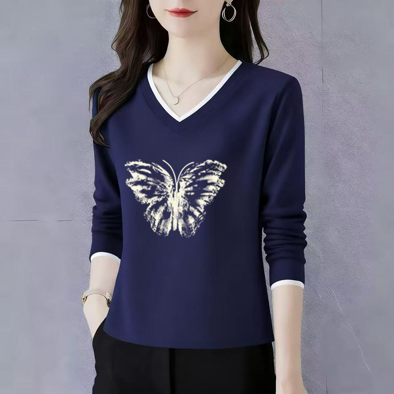 纯棉长袖t恤女士V领打底衫初秋2025新款高端洋气正肩宽松休闲上衣