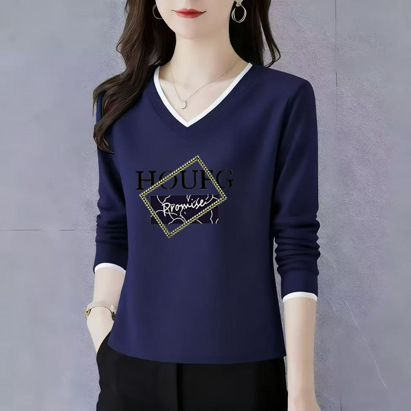 纯棉长袖t恤女士V领打底衫初秋2025新款高端洋气正肩宽松休闲上衣