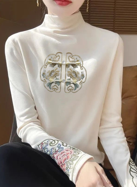 秋冬半高领德绒打底衫女复古民族风长袖中式T恤国风印花保暖上衣
