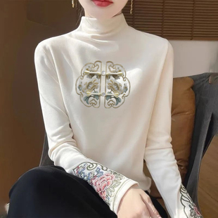 T恤国风印花保暖上衣 中式 秋冬半高领德绒打底衫 女复古民族风长袖