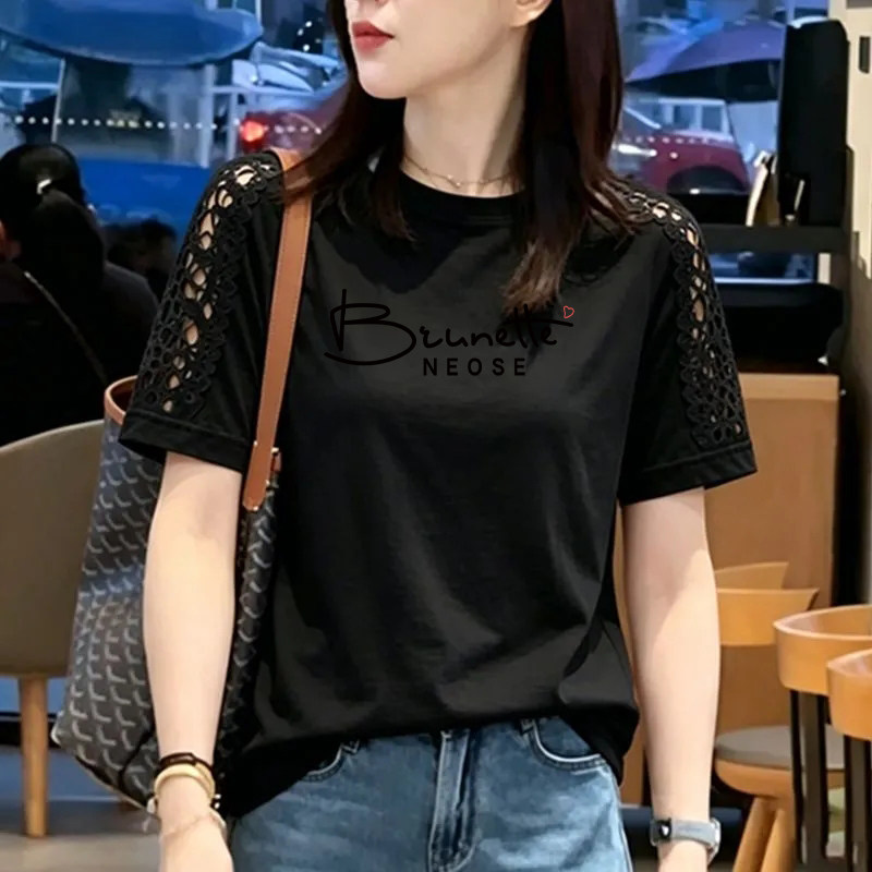 纯棉时尚镂空花边拼接短袖T恤女夏季新款宽松洋气圆领半袖女上衣