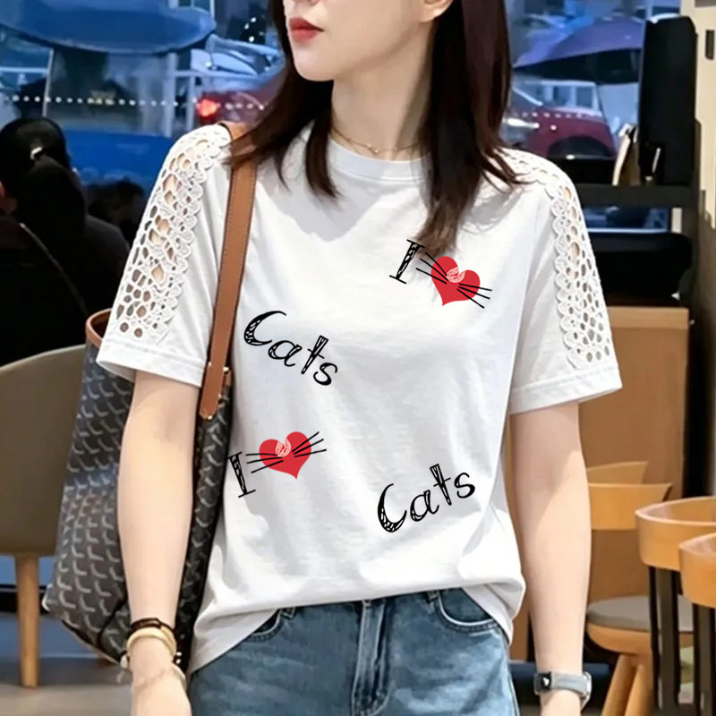 纯棉时尚镂空花边拼接短袖T恤女夏季新款宽松洋气圆领半袖女上衣