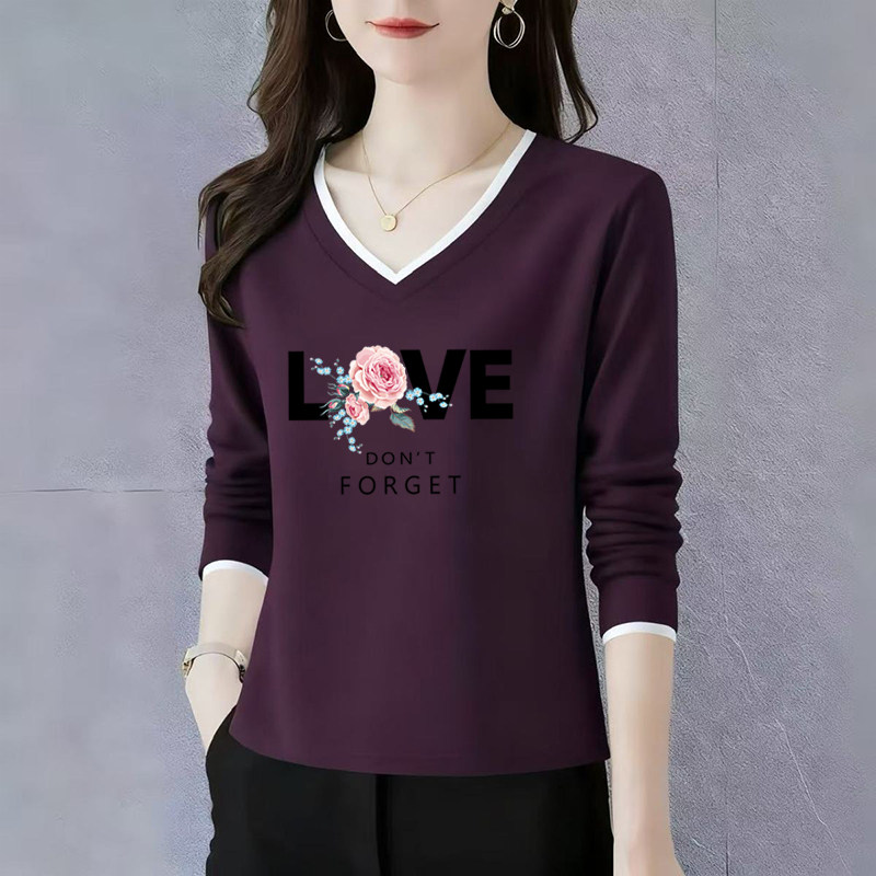纯棉长袖t恤女士V领打底衫初秋2025新款高端洋气正肩宽松休闲上衣