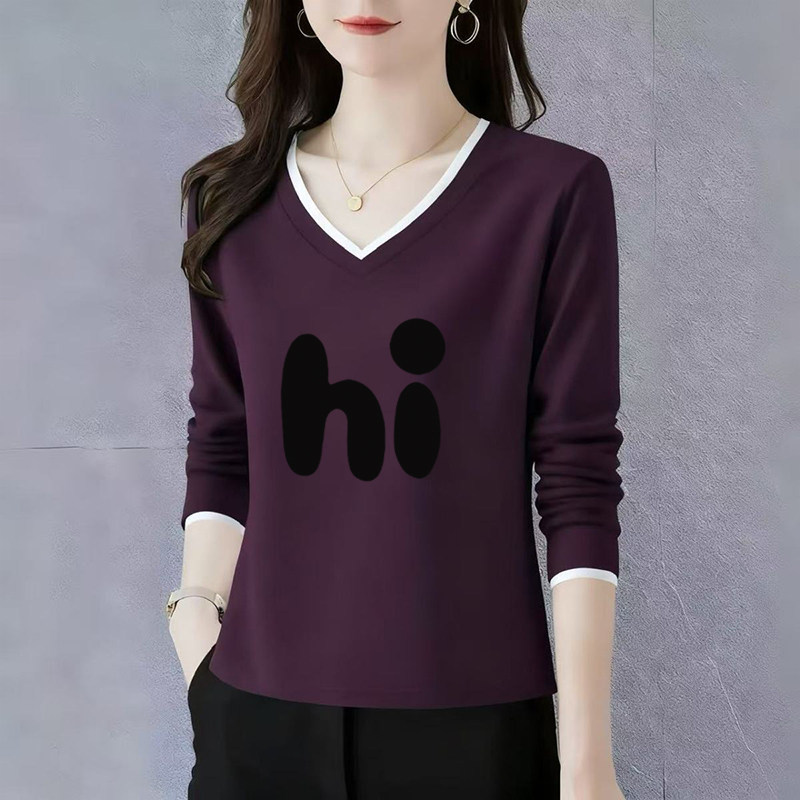 纯棉长袖t恤女士V领打底衫初秋2025新款高端洋气正肩宽松休闲上衣