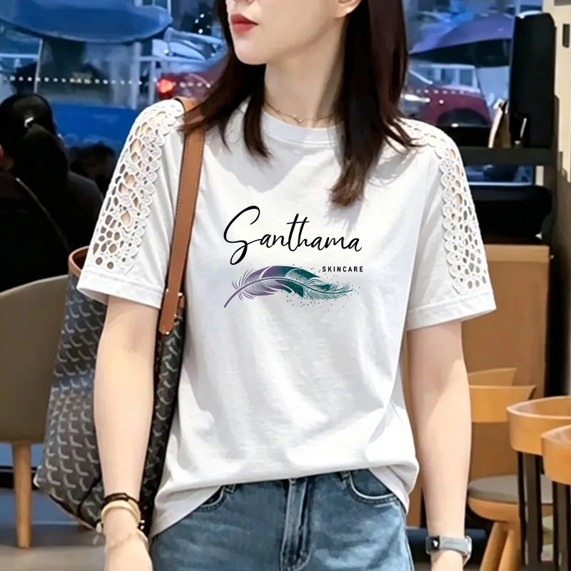纯棉时尚镂空花边拼接短袖T恤女夏季新款宽松洋气圆领半袖女上衣