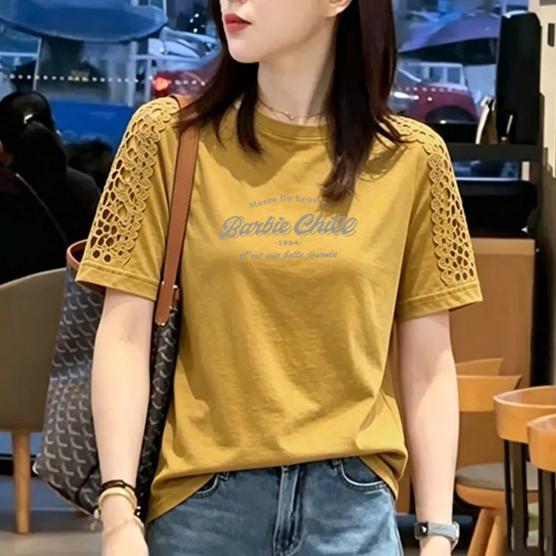 纯棉时尚镂空花边拼接短袖T恤女夏季新款宽松洋气圆领半袖女上衣