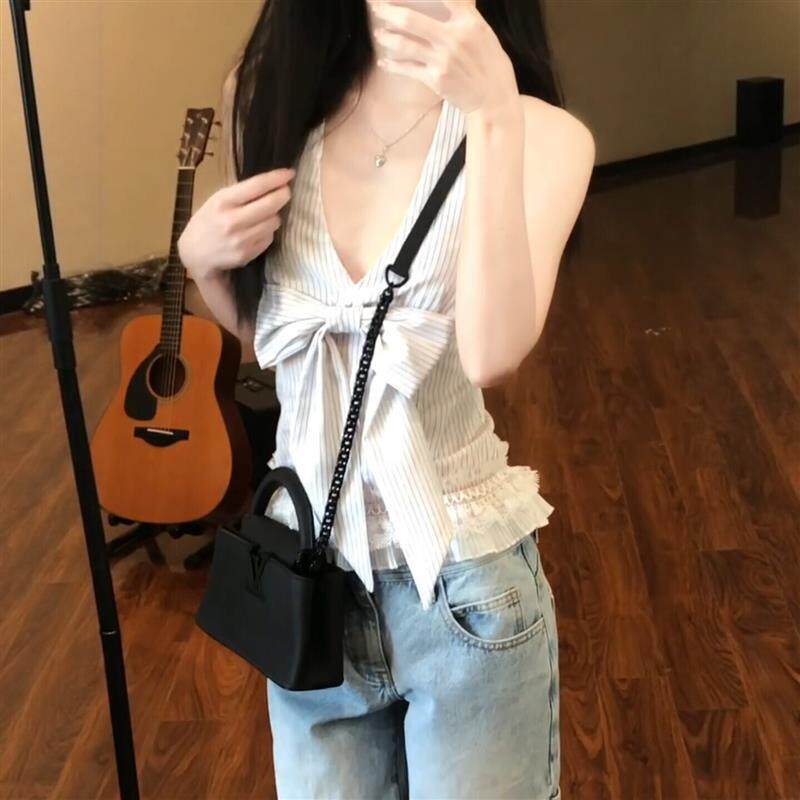 韩系甜美露背蝴蝶结v领挂脖条纹衬衫女夏季花边背心掐腰无袖上衣