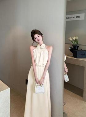 温柔风格杏黄色吊带上衣无袖宽松背心女性夏季法式风格裙子高腰长