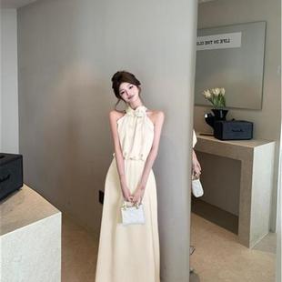 温柔风格杏黄色吊带上衣无袖宽松背心女性夏季法式风格裙子高腰长