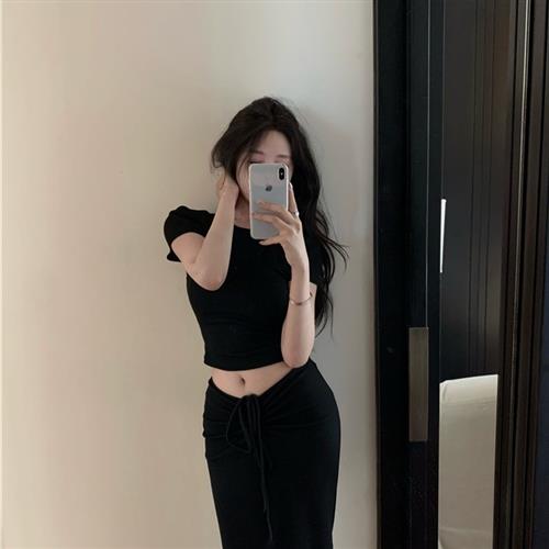黑色两件套女夏辣妹性感圆领短袖T恤上衣高腰半身裙修身包臀裙子