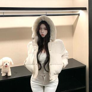 毛领连帽棉服外套女装冬季小个子短款面包服白色夹棉加厚保暖棉衣
