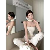 内搭无袖 纯欲风杏色挂颈抹胸吊带背心女夏季 修身 辣妹显瘦上衣外穿