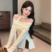 针织T恤2025秋冬套头中长款 法式 一字领拼接飘带修身 性感开叉上衣