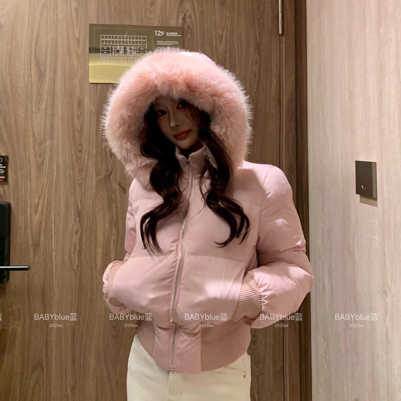 BABYblue【嗲精棉服】法式收腰短款外套秋冬保暖连帽毛领机车服