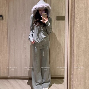 BABYblue【自发热】毛领拉链卫衣修身显瘦休闲连帽外套长裤套装