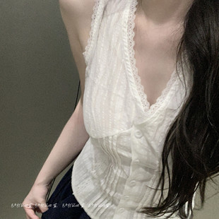 BABYblue【松弛腰精】V领纯棉蕾丝边无袖衬衫女掐腰短款背心上衣