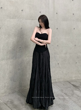 BABYblue【大摆裙】不规则女褶皱A字伞裙拖地设计感高腰法式长裙