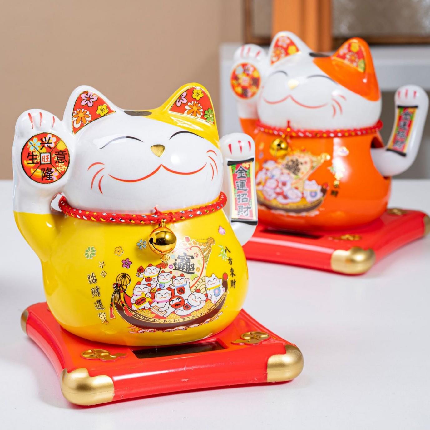 陶瓷太阳能招财猫摆件自动