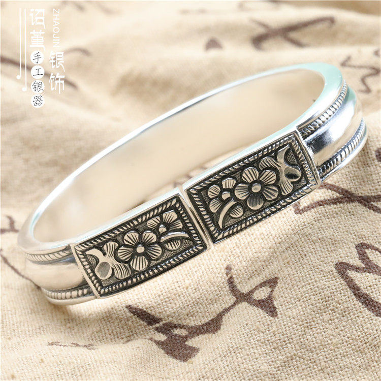 999足银手工定制轨道复古明清老式手镯梅花实心轨道马蹄泥鳅背镯