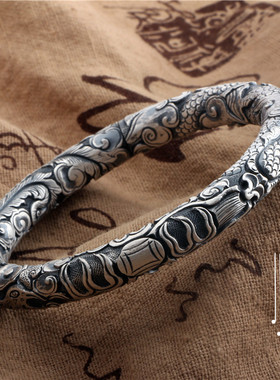 雪花男女情侣足银风圆条龙凤手镯