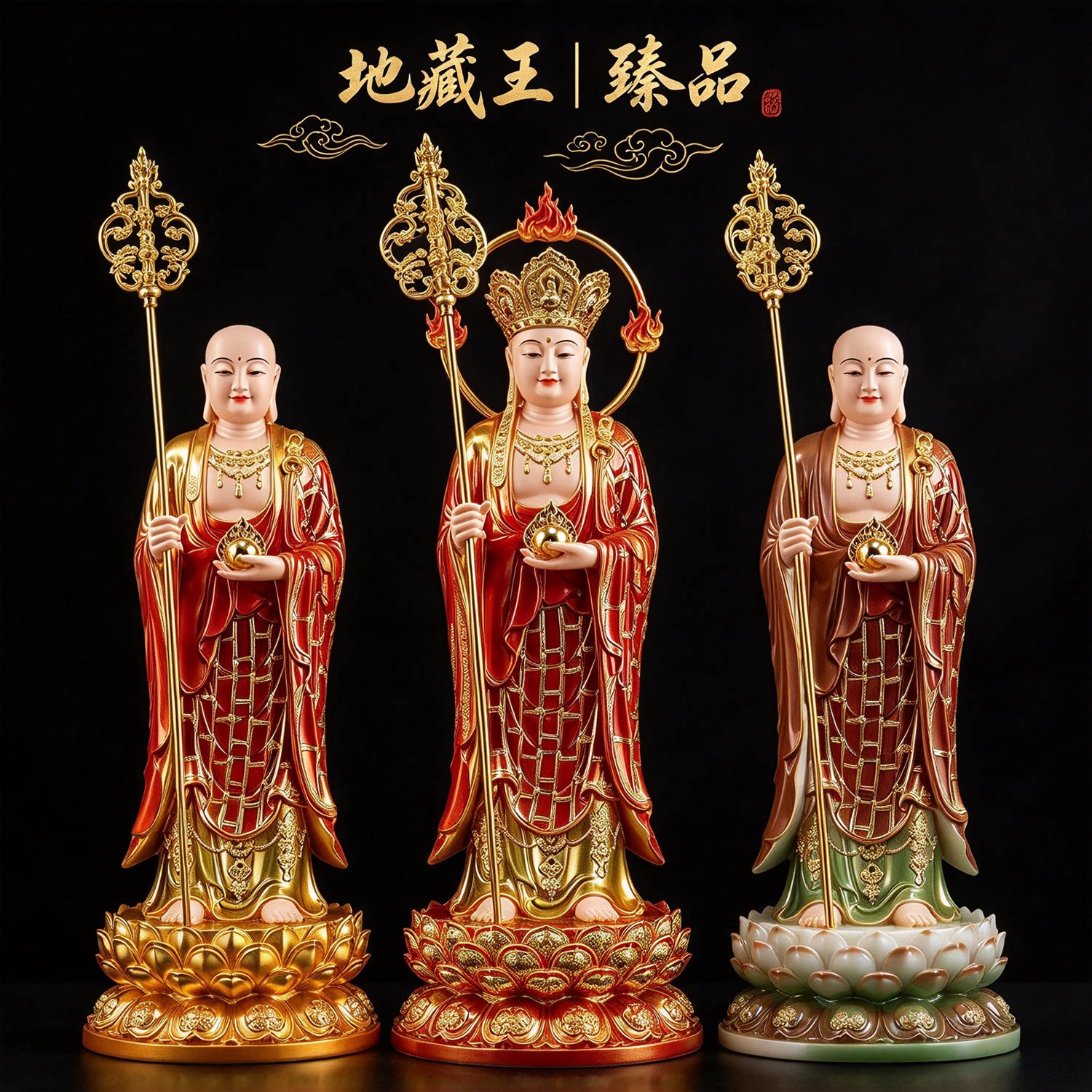 纯铜彩九华山地藏王菩萨佛像家用供奉大愿藏地王三圣铜像客厅摆件