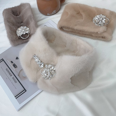 海宁新款水貂毛围巾女水钻搭扣