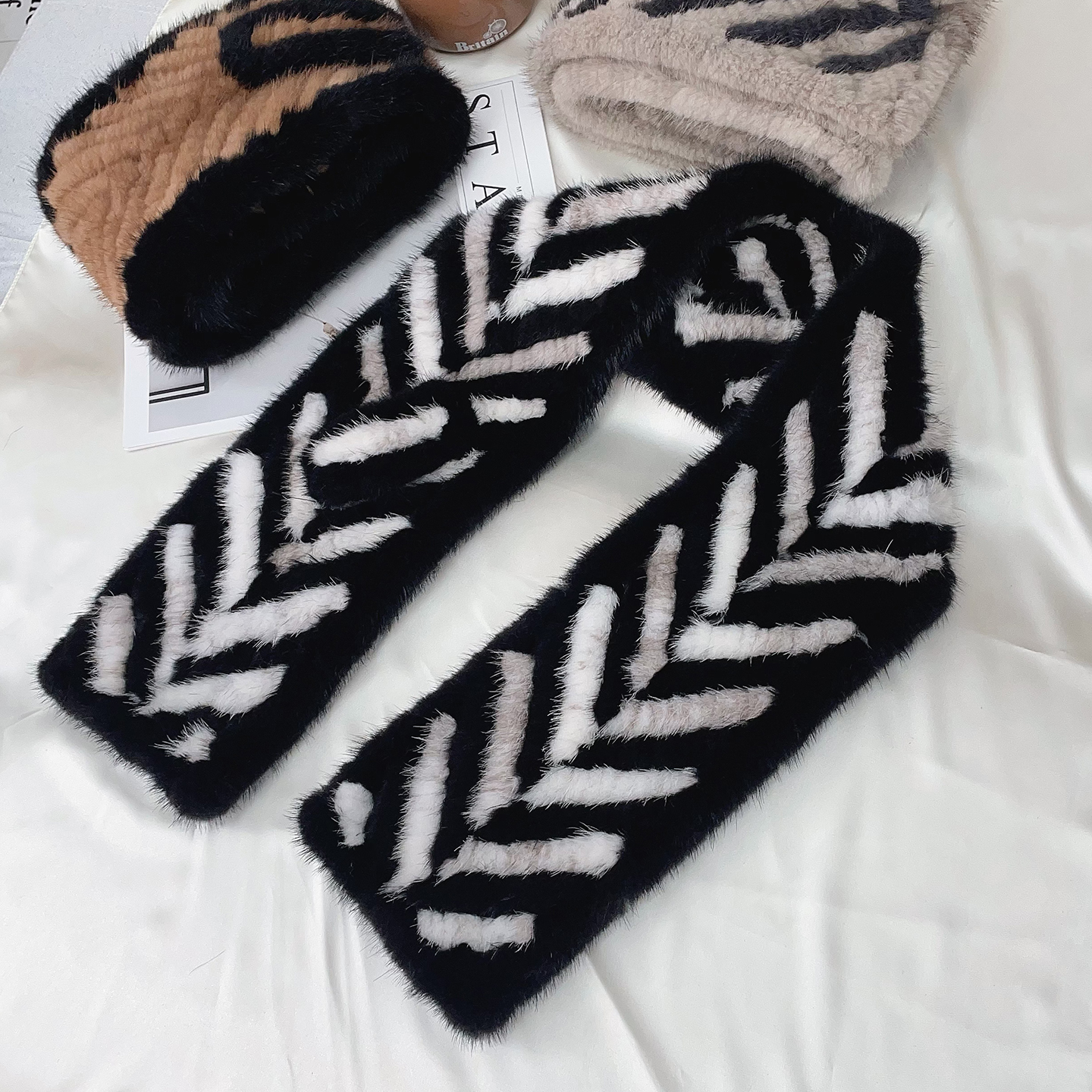 新款水貂毛围巾女冬季保暖韩版皮草围脖长款编织双面加厚加宽真毛
