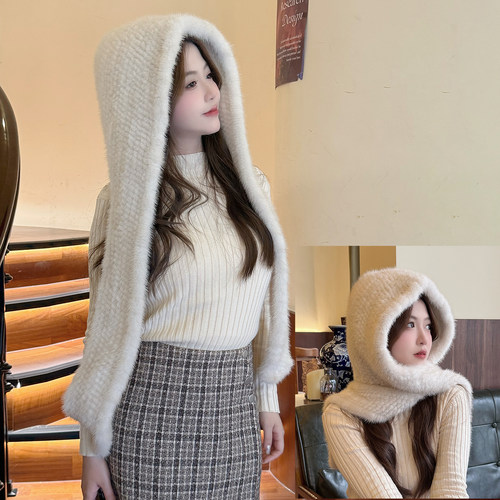 水貂毛编织风雪帽女围巾帽子一体