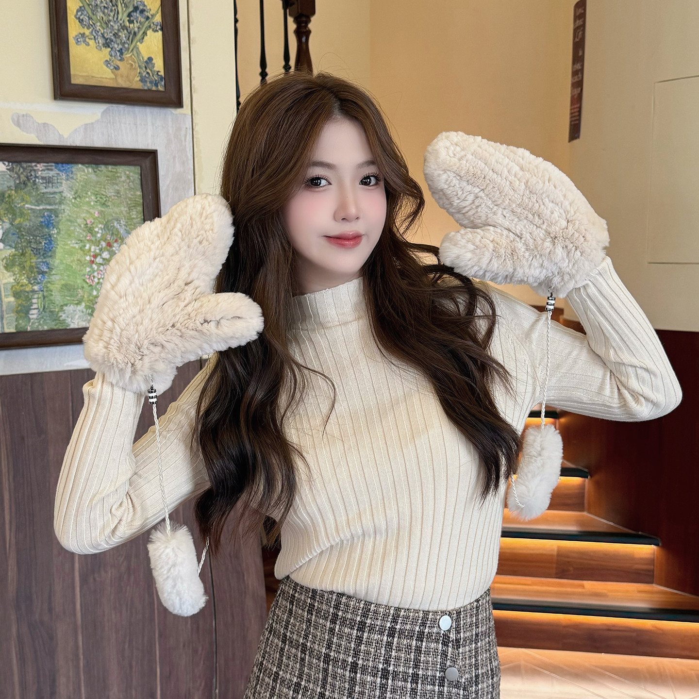 獭兔毛编织手套冬季加绒保暖可爱弹力皮草手套连指毛绒手套女真毛