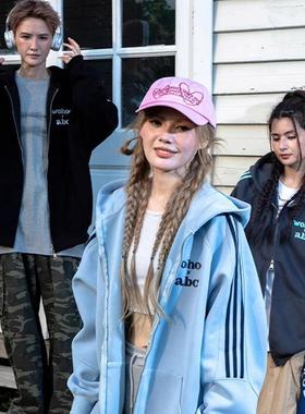 WOHOO X HEYABC联名美式三条杠拉链开衫连帽卫衣男女百搭情侣外套