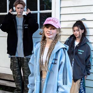 WOHOO X HEYABC联名美式三条杠拉链开衫连帽卫衣男女百搭情侣外套