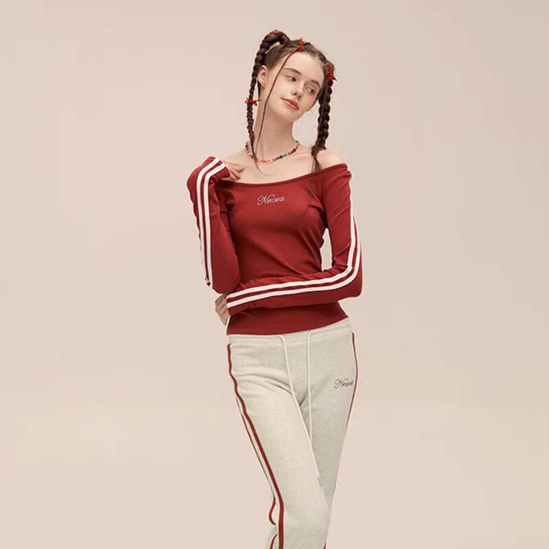 美式复古初秋一字肩条纹长袖T恤