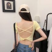 带胸垫交叉美背短袖 瑜伽健身上衣女 T恤露脐辣妹外穿性感显瘦短款