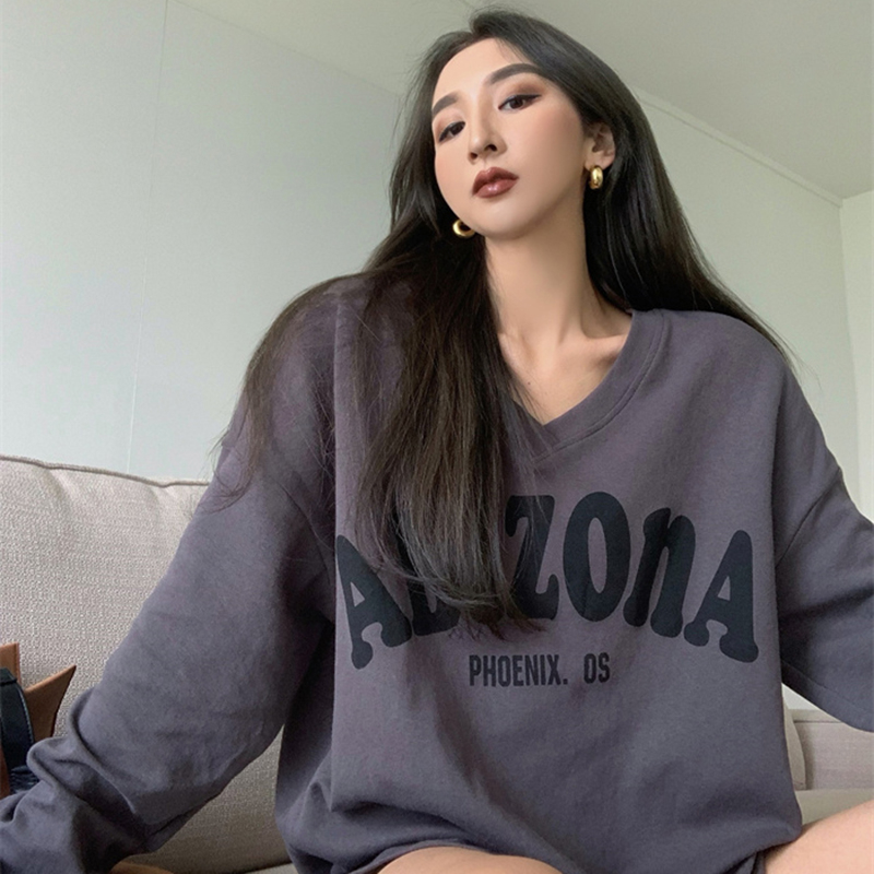 中长款健身服女春秋纯棉运动跑步长袖T恤大码宽松外穿休闲V领上衣