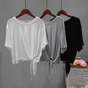 莫代尔快干短袖女夏季宽松不规则打结系带舞蹈服运动瑜伽短款上衣