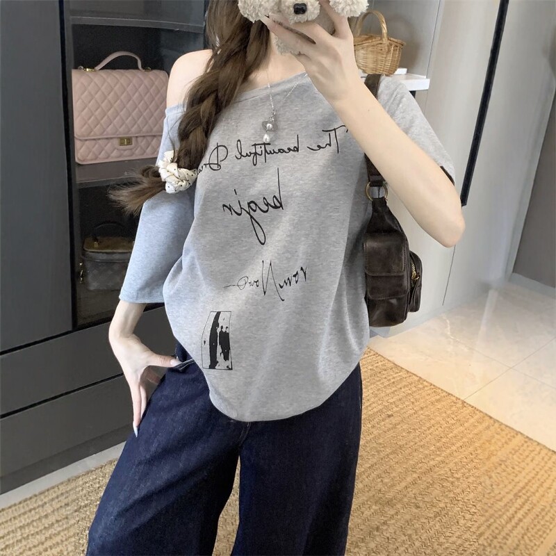 斜肩瑜珈服女弹力动短袖健身衣夏网红轻薄透气字母印花运快干罩衣
