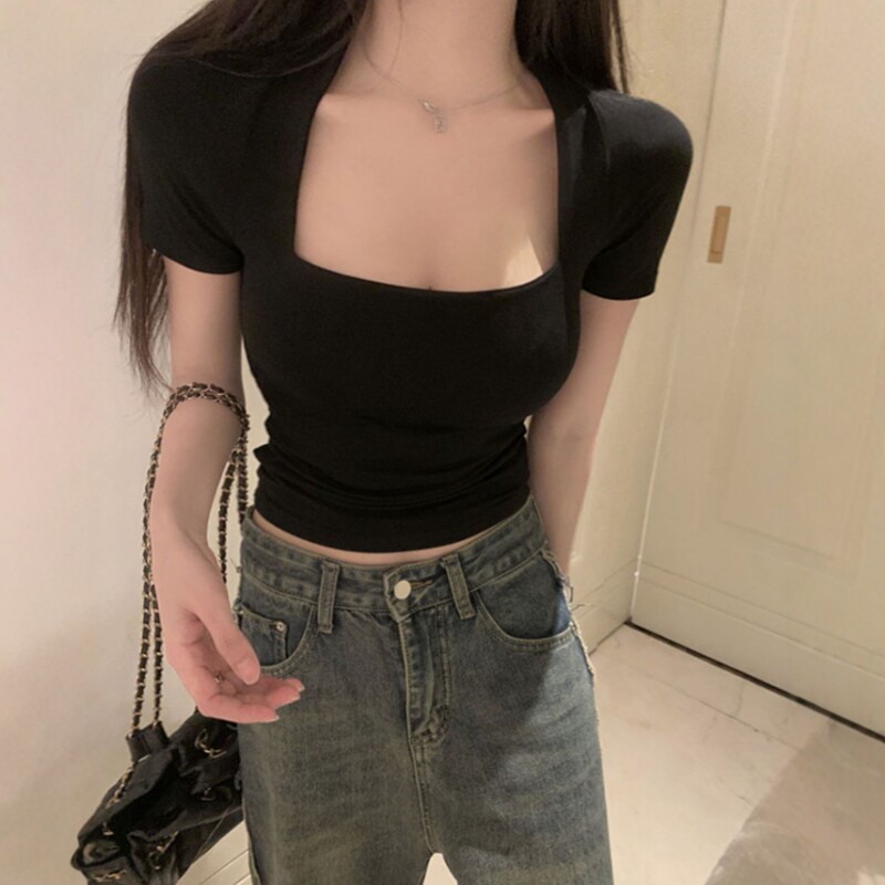 弹力短袖t恤女速干夏外穿性感u型方领短款上衣修身低领瑜伽健身服