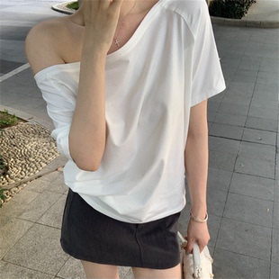 大领口斜肩瑜伽运动上衣女夏短袖宽松透气罩衫跑步速干T恤健身服