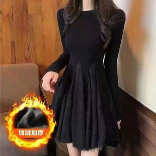 秋冬外穿温柔垂感仙女内搭气质拼接网纱连衣裙弹力打底长袖A字裙