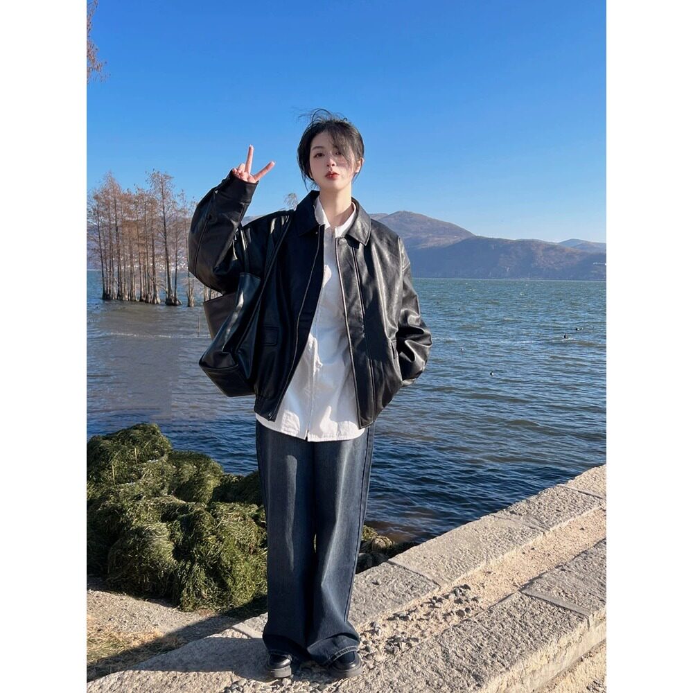 皮衣外套女黑色短款小个子202夹克