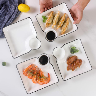 饺子盘家用盘子带醋碟创意陶瓷寿司盘子母盘水饺盘方形微波炉 日式