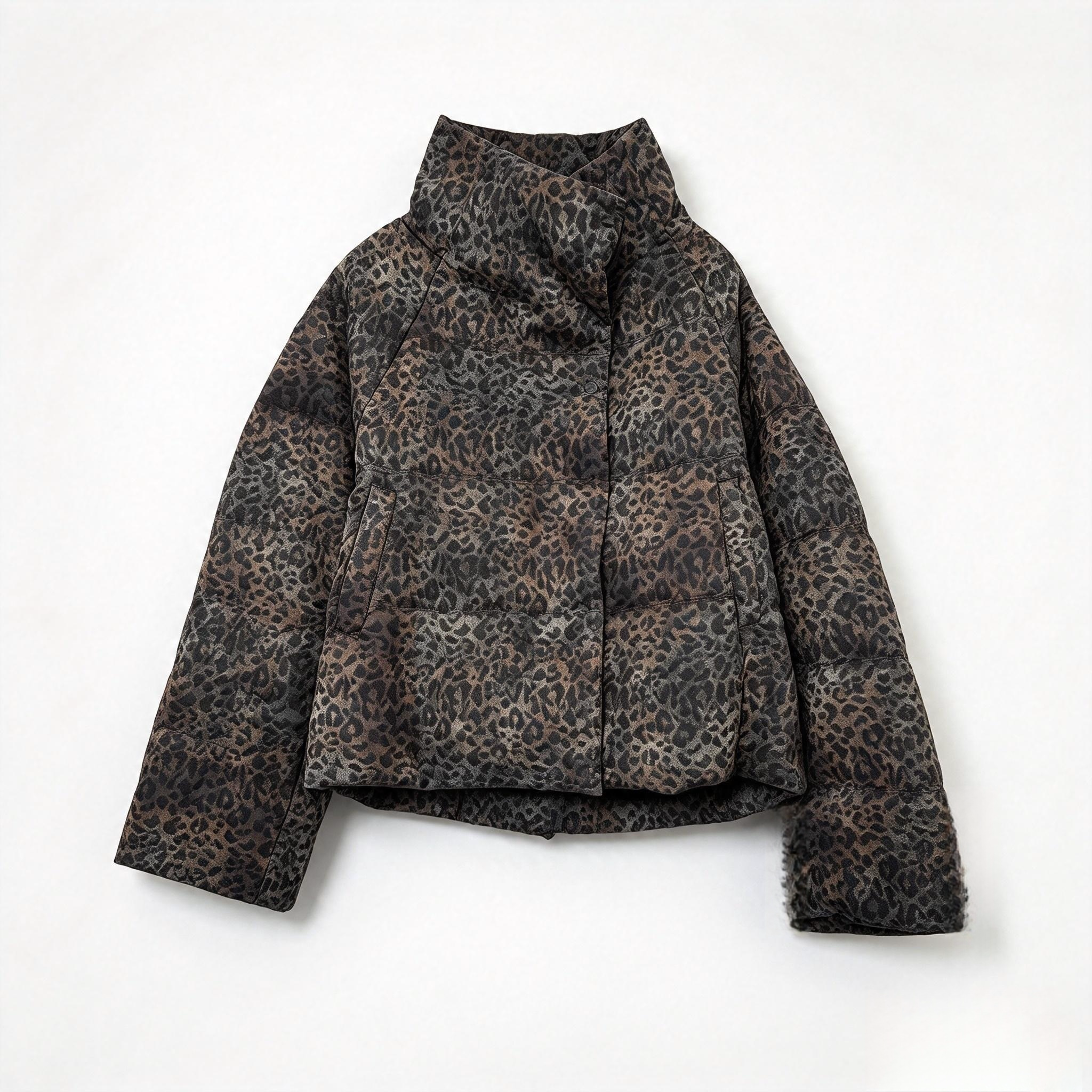 【U.M】复古豹纹立领磁吸扣白鸭绒羽绒服女 宽松秋冬气质保暖外套