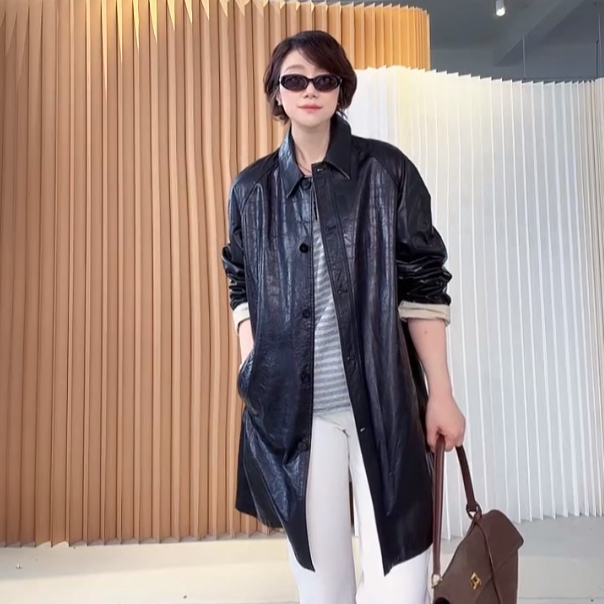 【U.M】头层牛皮双面穿皮衣外套女中长款宽松翻领复古真皮风衣