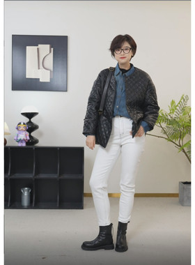 U.M圆领菱格羊皮棉服保暖显瘦