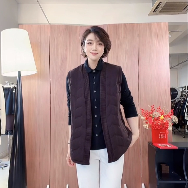 【U.M】V领隐形磁吸扣鹅绒马甲女 波浪绗缝宽松无袖羽绒叠穿背心